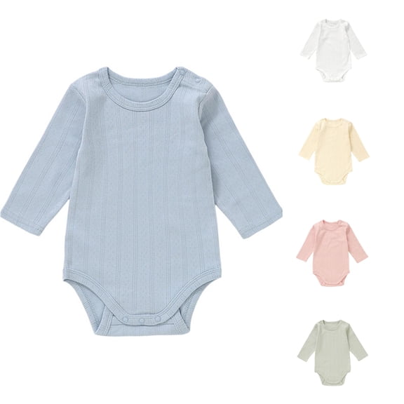 MEZZALL Child Summer Ribbed Baby Bodysuits Long Sleeve Soft Breathable Romper Boys Home Solid Color Crew Neck Fashionable Onesies