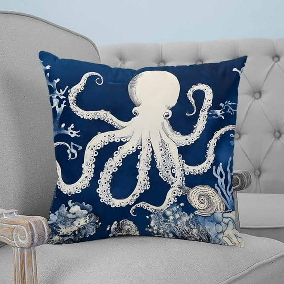 Beige Octopus Coastal Decorative Pillowcase 26''x26'', Navy Blue Nautical Ocean Coral Throw Pillow Covers Soft Cushion Case for Couch Sofa Bedroom Living Room, Pillowcase Boho Decor