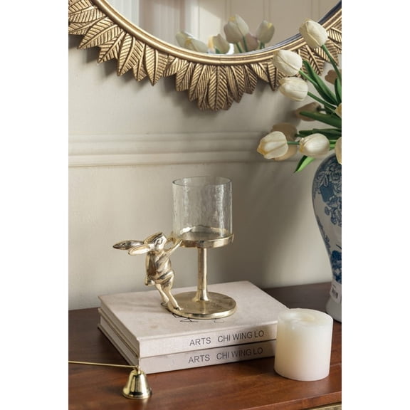 7x4x7.5" Gold Rabbit Pillar Candle Holder Clear Glass Hurricane Shade Decorative Holder (Aluminium & Glass)