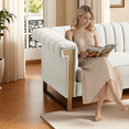 thumbnail image 3 of Newest Mid-Century Cream White Velvet Sofa 3-Seater - Chesterfield Channel Tufted Design with Gold Metal Legs, Living Room Centerpiece, 3 of 18