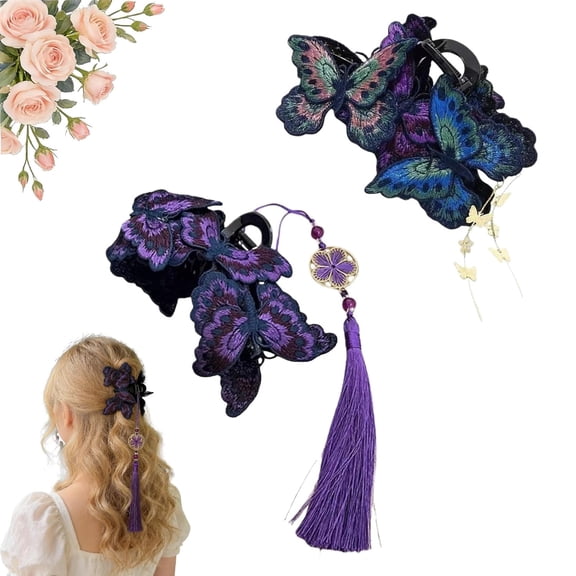 Chinese Style Embroidered Butterfly Hair Claw Clip with Tassel, Butterfly Hair Clips for Women, Embroidered Butterfly Hair Clip for Everyday and Party(B:2pcs)-dh