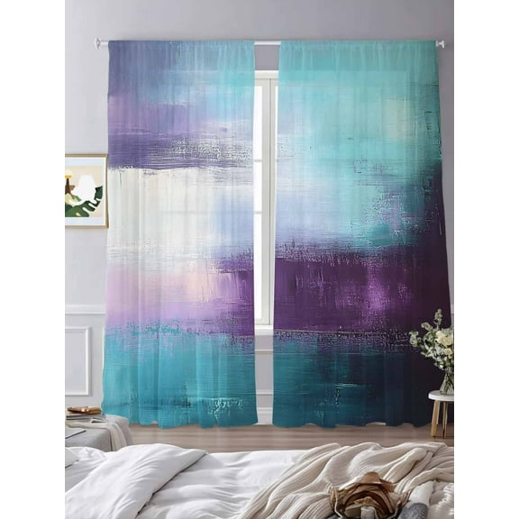 Purple Teal Sheer Curtains 96 inches Long 2 Panels Set Mottled Graffiti Color Block Abstract Geometric Tiers Sheers Rod Pocket Small Window Short Curtains for Kitchen Cafe, Each 52" W x 96" L