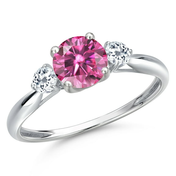 Gem Stone King 10K White Gold Pink Moissanite and White Topaz 3-Stone Ring for Women | 1.08 Cttw | Round 6MM | Gemstone Birthstone | Size 7