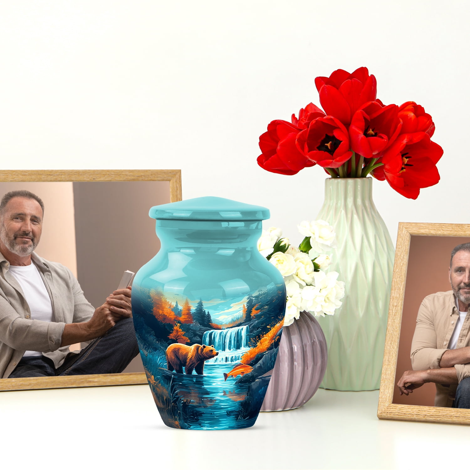 JAGASY Bear Miniature Small Urn for Mother, Blue Tiny Urns for Human Ashes Keepsake, River Trees & Blue Sky Decorative Urns for Parents, Mountain Memorial Urn for Father, (3 Inch)