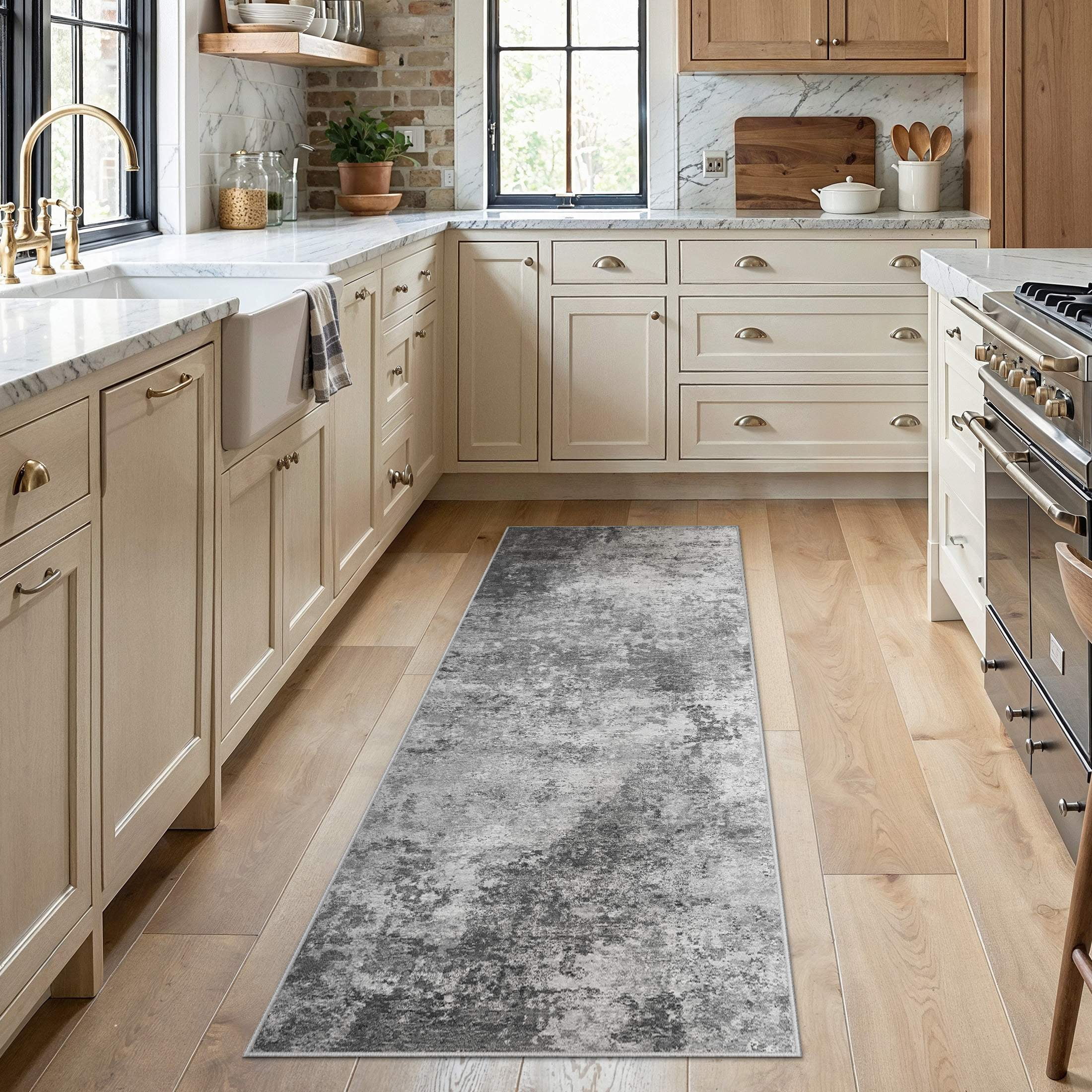 UERMEI 2'x6' Runner Rug, Washable Non-Slip Indoor Runner Rug for Kitchen Halfway Laundry Bedroom Living Room Carpet Area Rug, 2x6 ft Abstract Low Pile Kitchen Runner Rug, Dark Gray