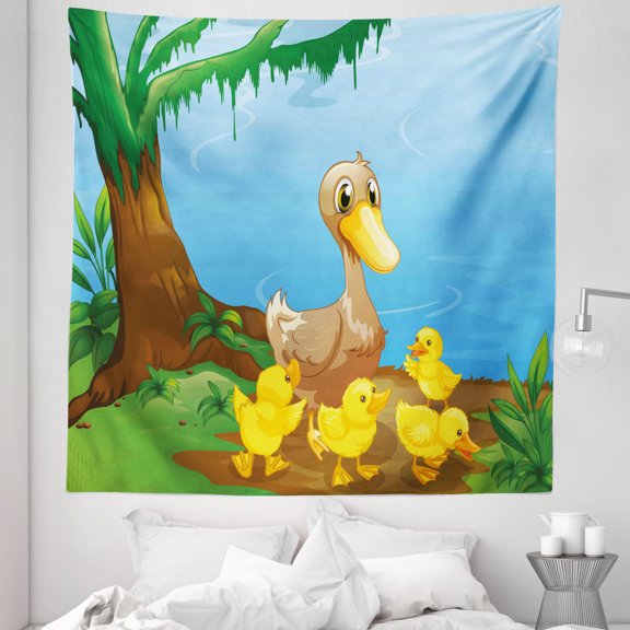 Duck Tapestry, Illustration of Duck and Her Ducklings at Riverbank Tree and Grass Cartoon Style, Fabric Wall Hanging Decor for Bedroom Living Room Dorm, 5 Sizes, Multicolor, by Ambesonne