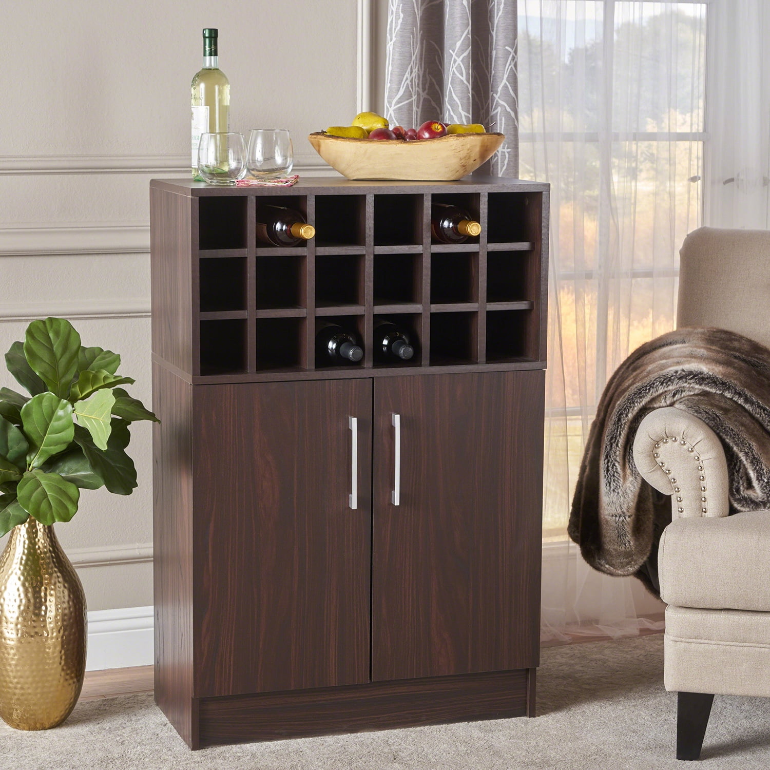 Kadyn Modern Wine Rack Bar Cabinet, Fiberboard Wine Bar Cabinet for Home Bar, Mid Century Bar Cabinet with Storage Space, Walnut