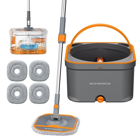 SONGMICS Spin Mop and Bucket Set, Water Separation, Hands-Free, 2 L, Floor Cleaning Mop, 11.2 x 11.2 x 7.5 in, Stainless Steel, Orange and Gray