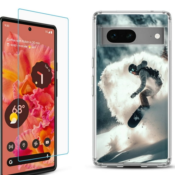 OneToughShield ® for Google Pixel 7a Shockproof Bumper Phone Case, with Tempered Glass Screen Protector - Snowboarding