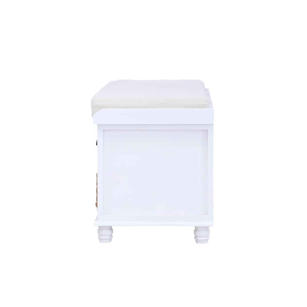 Kepooman Storage Bench Cube, Removable Cushion Storage Chest with 3 Drawers & 3 Rattan Baskets for Entryway, Hallway, Living Room, Bedroom, White Kepooman Storage Bench Cube, Removable Cushion Storage Chest with 3 Drawers & 3 Rattan Baskets for Entryway, Hallway, Living Room, Bedroom, White