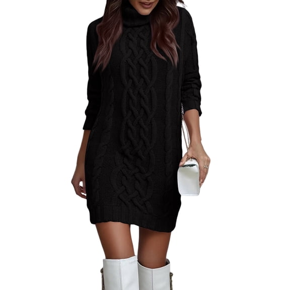 CharmCyan Women’s Turtleneck Long Sleeve Cable Knit Sweater Dress Chunky Pullover Loose Fit Casual Winter Wear Black L
