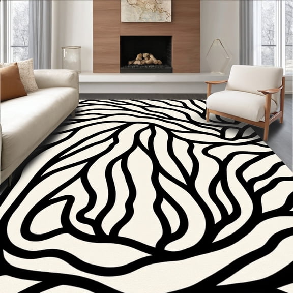 ODIKA 4'x6' Machine Washable Non-Slip Area Rug, Safari Zebra Wild Black High Traffic Rug, Black, 292807