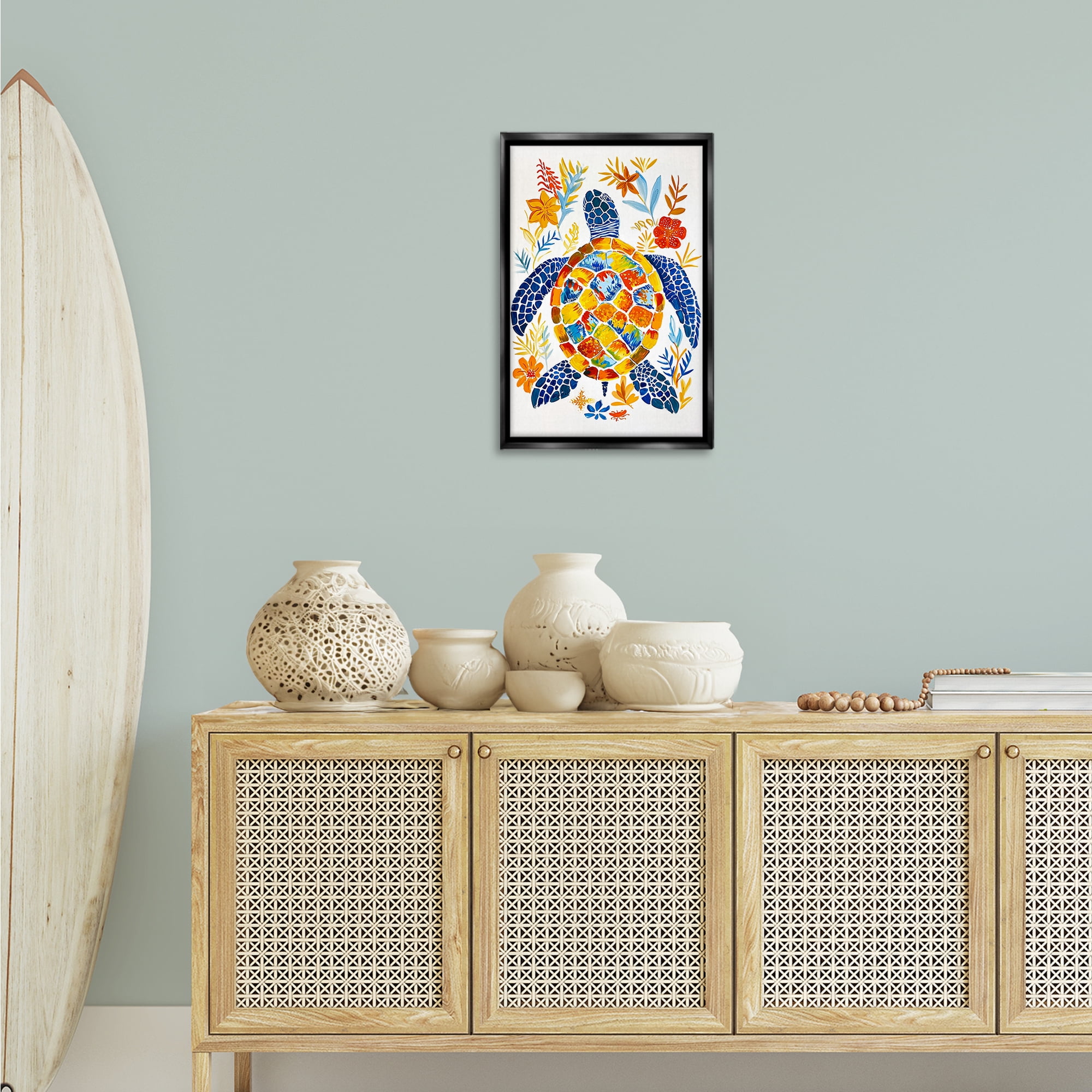 Stupell Industries Nautical Patterned Turtle Coastal Painting Black Floater Framed Canvas Art Print Wall Art, 17 x 25