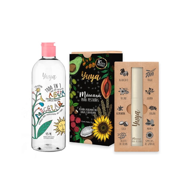 agua micelar yuya 10 aceites para todo tipo de piel Botella transparente con tapa rosada y etiqueta ilustrada a la izquierda, caja negra floral en el centro y empaque kraft a la derecha que muestra íconos de los 10 aceites. Composición frontal; producto para limpiar rostro, ojos y labios y apto para todo tipo de piel.