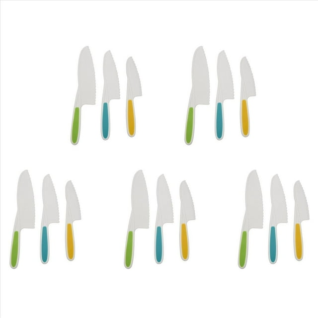 Knives for Kids 15-Piece Nylon Kitchen Baking Knife Set,Children's Cooking Knives Firm Grip, Serrated Edges,5 x green knife 5 x blue knife 5 x yellow knife,Green