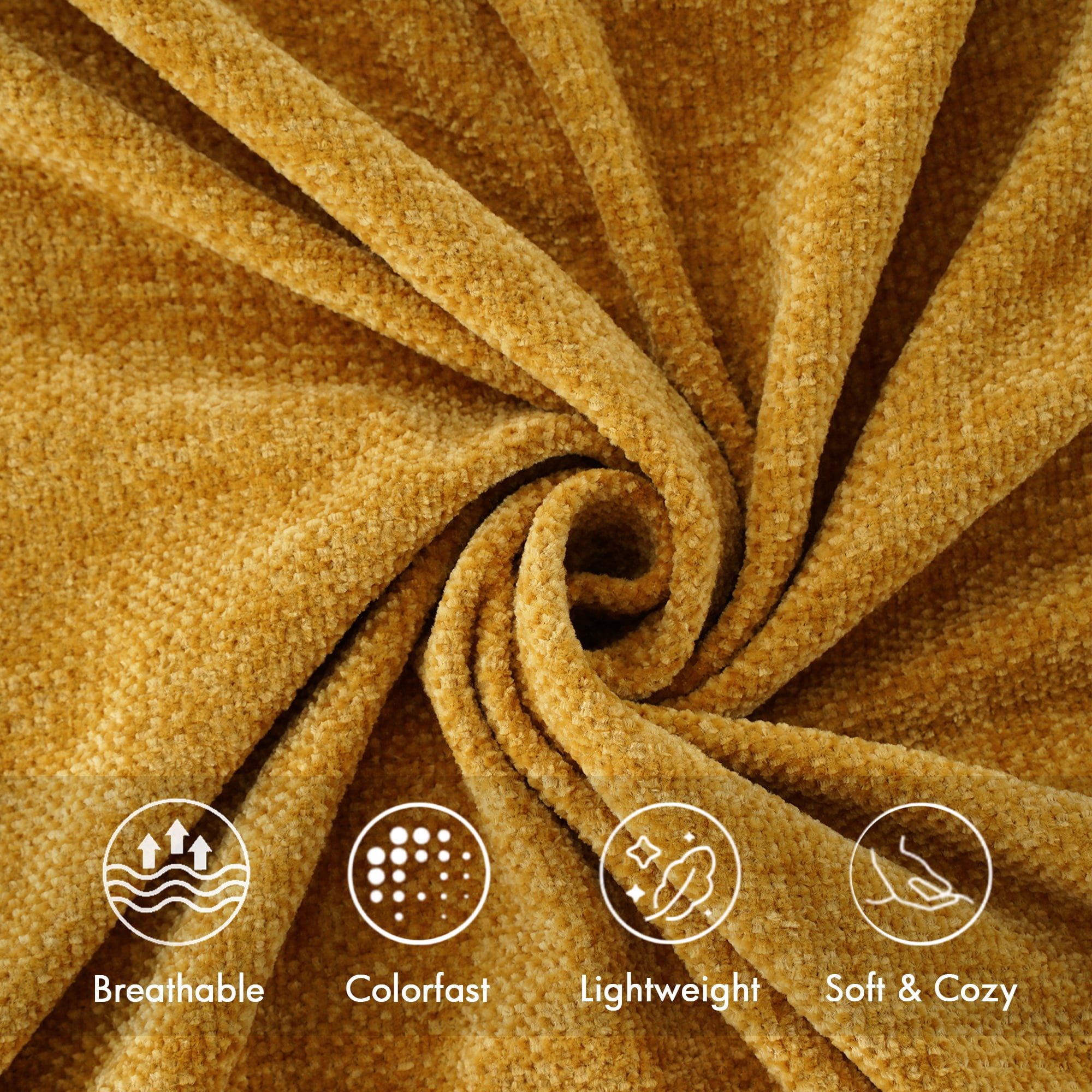 Battilo Mustard Yellow Chenille Throw Blanket,Decorative Fringe Velvety Gold Blanket for Home Decor,50"x60"