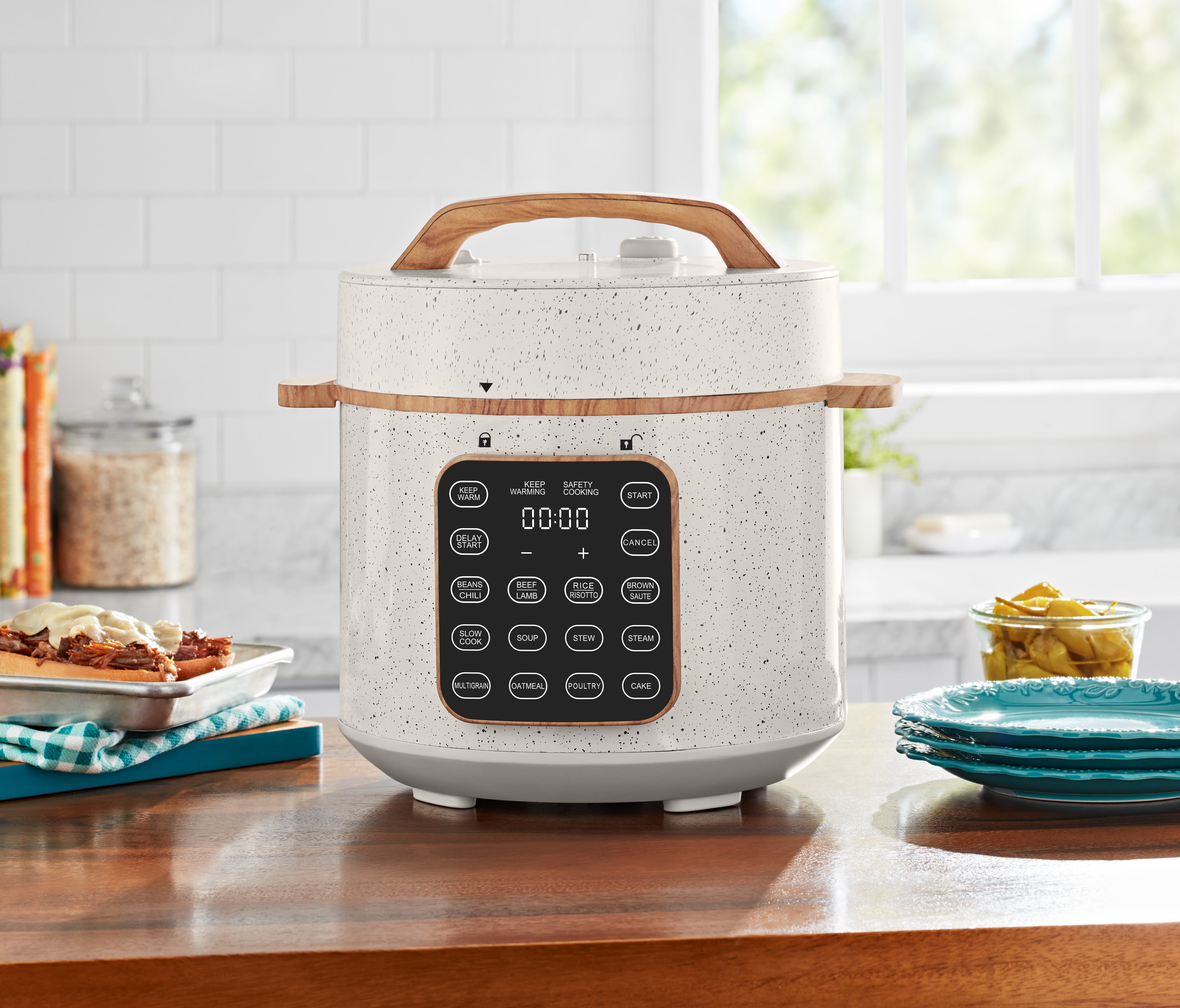 The Pioneer Woman 6 Qt Pressure Cooker with Touch Control Display Linen Speckle New Walmart
