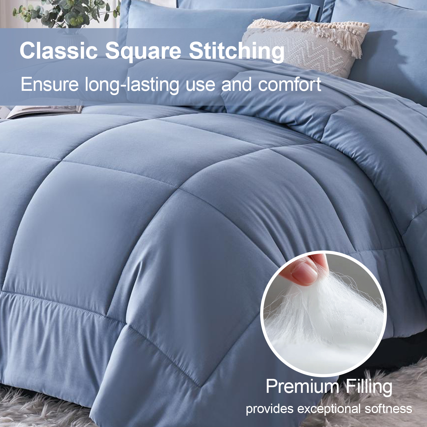 Flymme Full Size Comforter Sets with Sheets Blue Bed in a Bag Full Bed Sets 7 Pieces Modern Soft Microfiber Complete Bedding Sets for Women Man