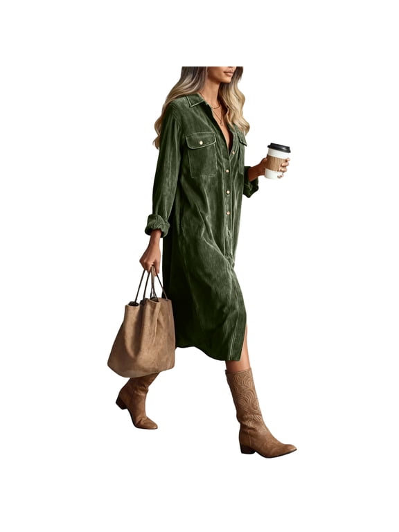 Corduroy Dress for Women Long Sleeve Shift Dress Button Down V Neck Midi Dress