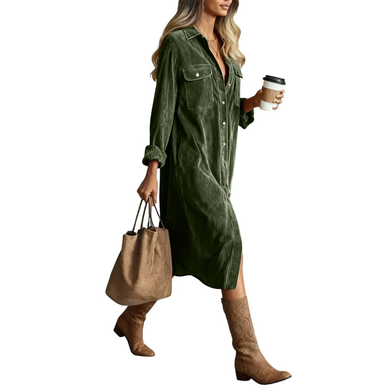 Corduroy Dress Women Midi Fall Vintage Long Sleeve Shirt Dress Business Casual Collared Button Up Tunic Work Dresses Army Green L Corduroy Dress Women Midi Fall Vintage Long Sleeve Shirt Dress Business Casual Collared Button Up Tunic Work Dresses Army Green L