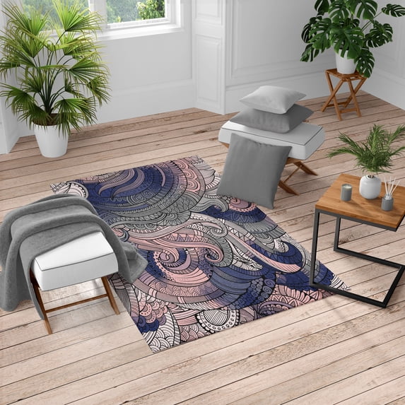 Abstract Turkish Area Rug, Ocean Inspired Graphic Paisley Pattern Swirled Hand Drawn Art Print, Soft Carpet for Living Room Decor with Distressed Look, 4' X 5.7', Navy Blue, by Ambesonne