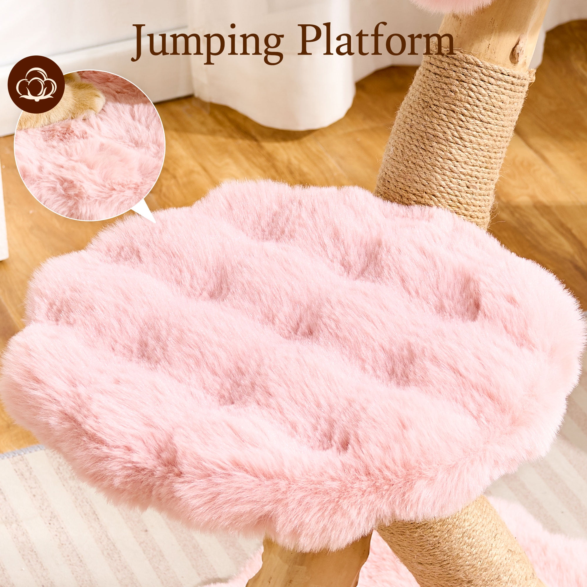 HITTITE Natural Solid Wood Cat Tree Tower with Scratching Post, 32 Inches Tall Modern Cat Tower with Cozy Bed and Platforms, Luxury Real Branch Cat Tree for Indoor Cats Large Adult, Pink.