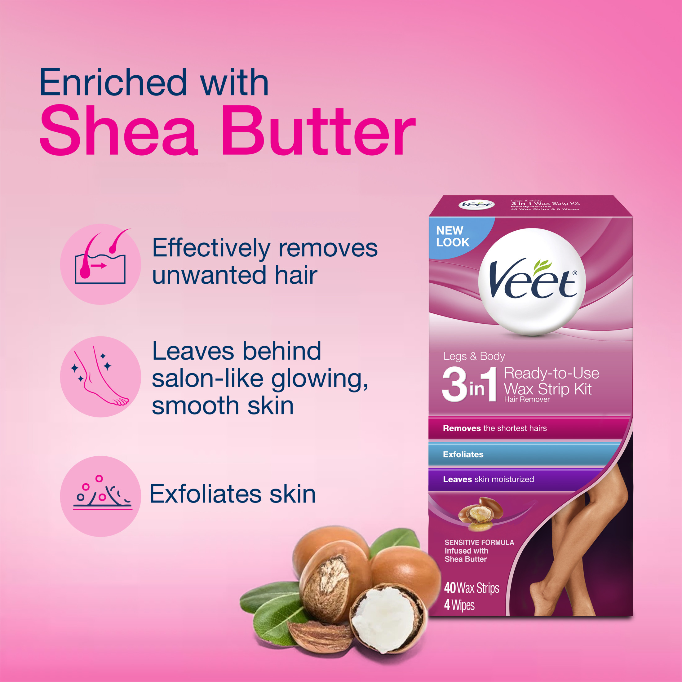 VEET Easy- Gelwax Technology, Sensitive Formula Ready-to-Use Hair Remover Wax Strip Kit with Shea Butter, 40 wax strips with 4 wipes - image 3 of 10