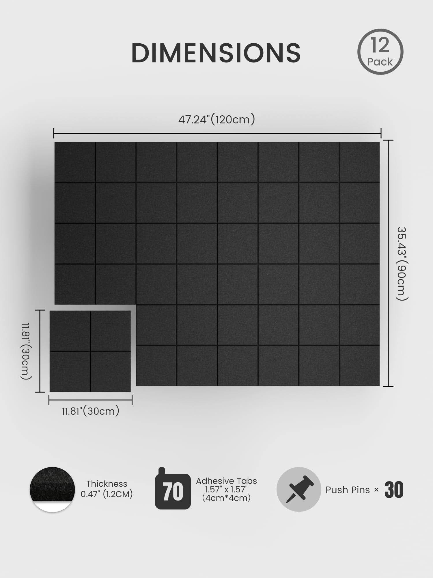 Large Felt Bulletin Board  48" X 36" Cork Alternative 12-pack Wall Tiles With 4-compartment Design 30 Push Pins 70 Adhesive Tabs Ideal For Office & Home Decor Black
