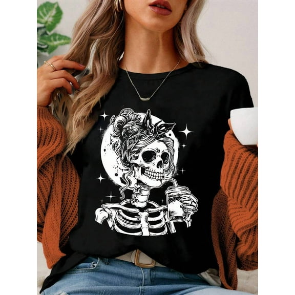 Casual Loose Skull Halloween Round Neck Short Sleeve Women T-Shirt, Suitable For Summer Skeleton Shirt Halloween Shirt Goth Shirt