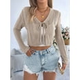 thumbnail image 6 of Women'S Light-Weight Shrugs Crochet Sweaters Tie Front 3/4 Sleeve Cropped Cardigan for Spring Summer Khaki L, 6 of 8