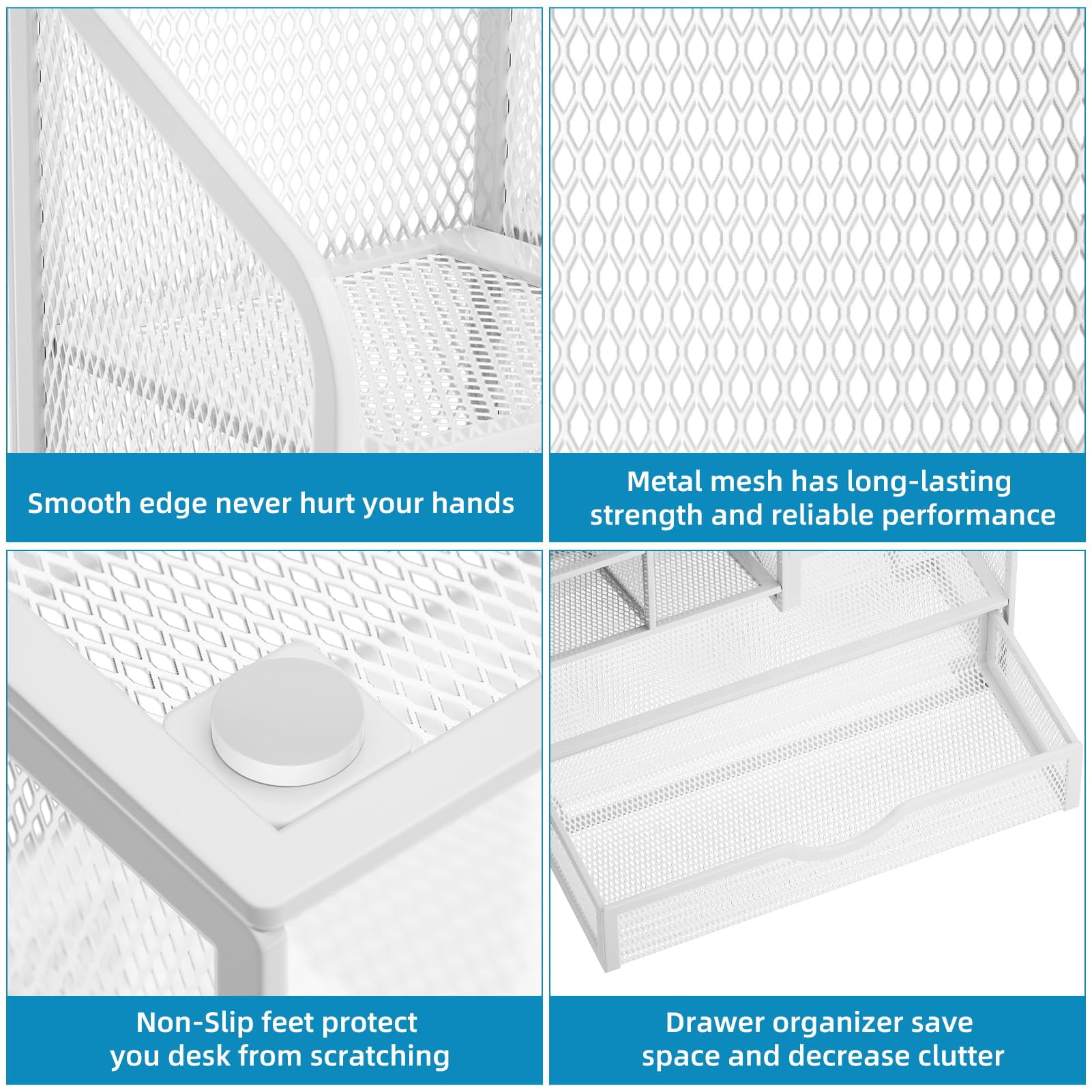 Marbrasse Mesh Pen Holder for Desk, Desk Organizer with Drawer, Multi-Functional Pencil Organizer, Accessories for Office Art Supplies (White)