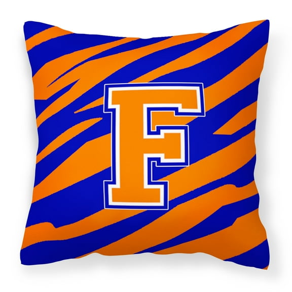 Carolines Treasures CJ1023-FPW1414 Letter F Initial Tiger Stripe - Blue Orange Fabric Decorative Pillow, 14Hx14W,