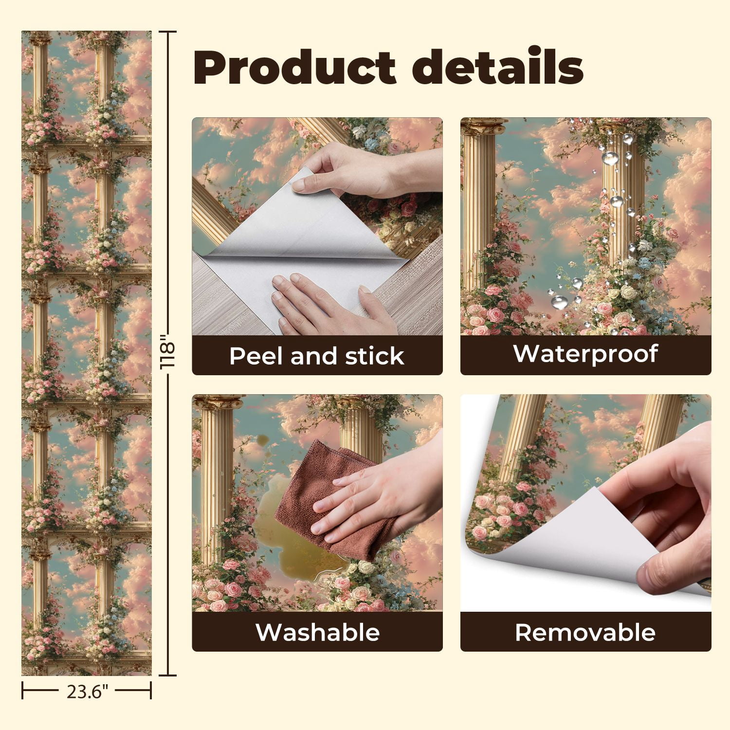 Peel and Stick Wallpaper Classical Columns Wrapped Roses Pastel Clouds Ornate Floral Wall Mural 23.6in x 9.8ft Self Adhesive Removable Wall Paper Renter Friendly Wallpaper for Bedroom