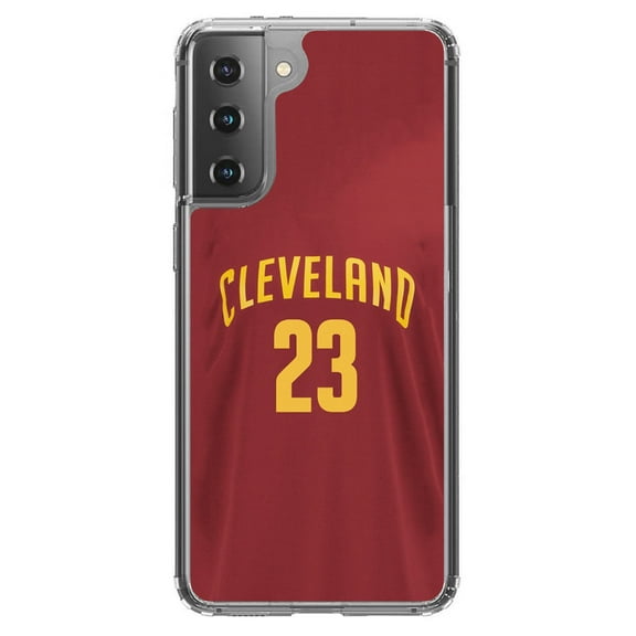 DistinctInk Clear Shockproof Hybrid Case for Galaxy S21 5G (6.2" Screen) - TPU Bumper, Acrylic Back, Tempered Glass Screen Protector - Cleveland 23 Jersey - Love of Basketball