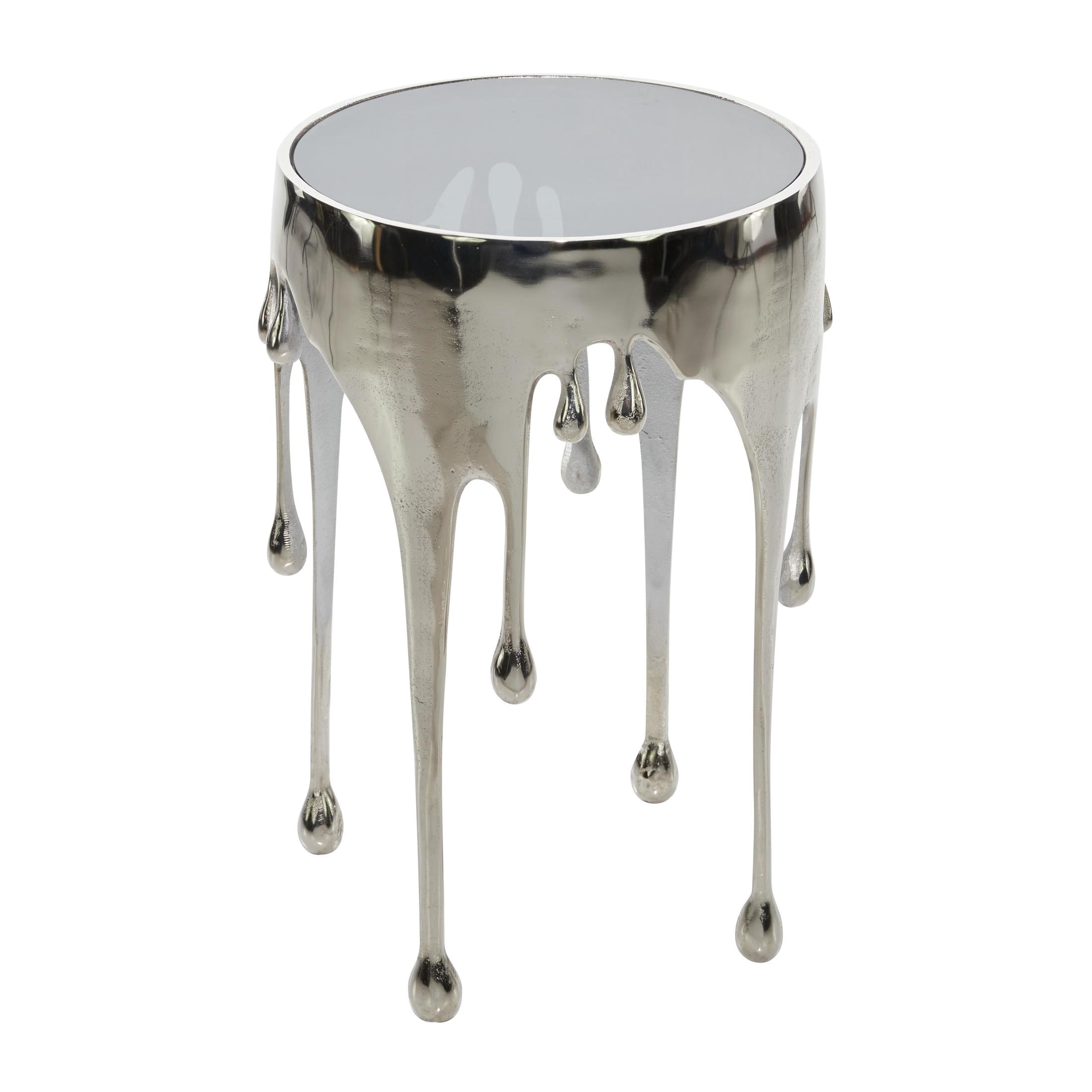 DecMode 16"W, 25"H Contemporary Accent Table with Tempered Glass Top, Raw Aluminum Finish with Melting Silver Design