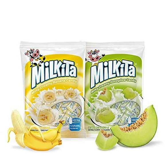 Milkita Creamy Shake Candy Bag, Gluten Free Chewy Candies with Calcium & Real Milk, Zero Trans Fat, Low-Sugar (Banana & Honeydew) 60 Pcs