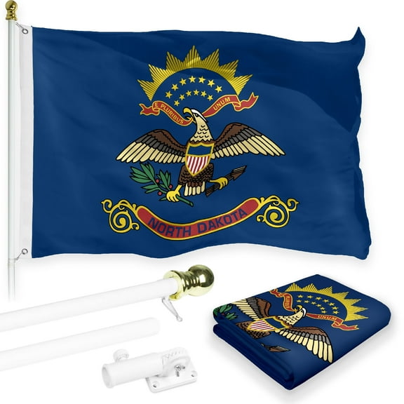 G128 Combo Pack: 6 Feet Tangle Free Spinning Flagpole (White) North Dakota ND State Flag 3x5 ft Printed 150D Brass Grommets (Flag Included) Aluminum Flag Pole