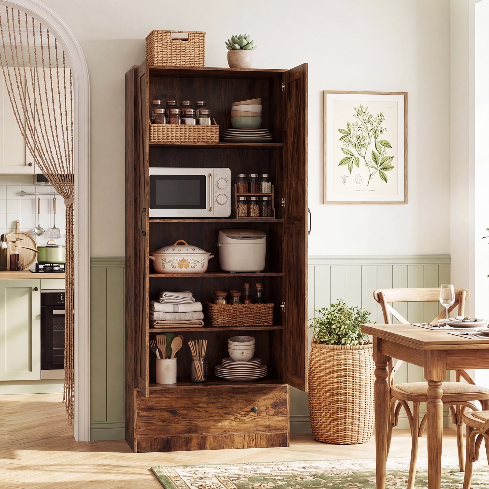 Costway 72" Tall Kitchen Pantry Cabinet, Farmhouse Wooden Cupboard with 2 Doors, Drawer Rustic Brown