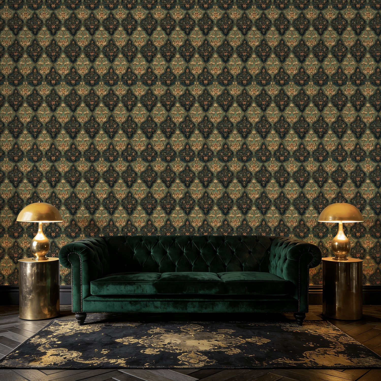 Peel and Stick Wallpaper Baroque Vintage Floral Damask Green Gold Ornate Wall Mural 17.7in x 9.8ft Self Adhesive Removable Wall Paper Renter Friendly Wallpaper for Nursery Bedroom Cabinets