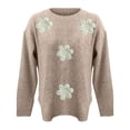 thumbnail image 4 of Women's Embroidered Beaded 3D Floral Sweater, Machine Knit Crewneck Pullover, Dimensional Floral Applique Blouse, Elegant Floral Embroidery Top, Holiday Party Sweater for Women Beige L, 4 of 9