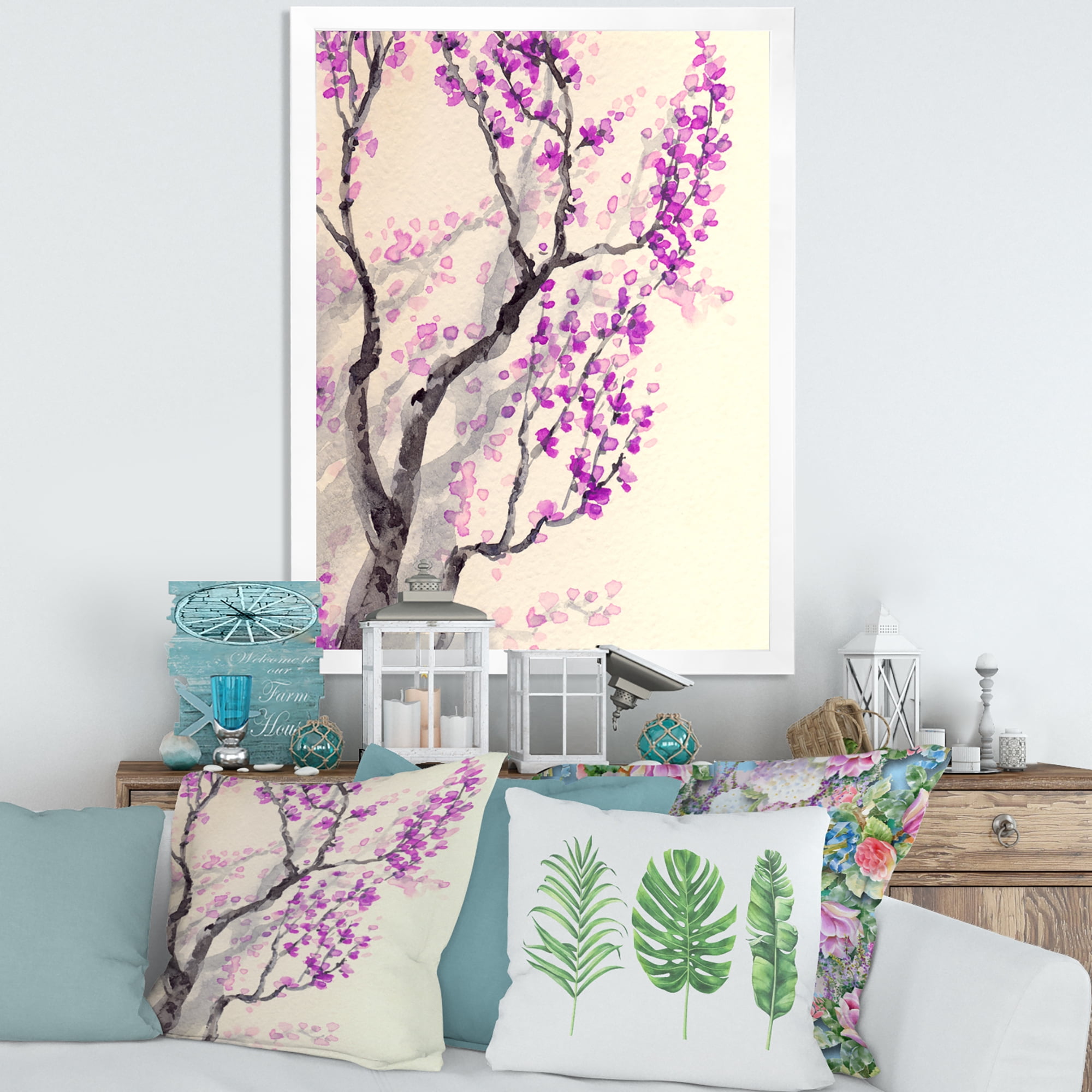 Abstract Spring Purple Flowers On Tree Branches 24 in x 32 in Framed Painting Canvas Art Print, by Designart