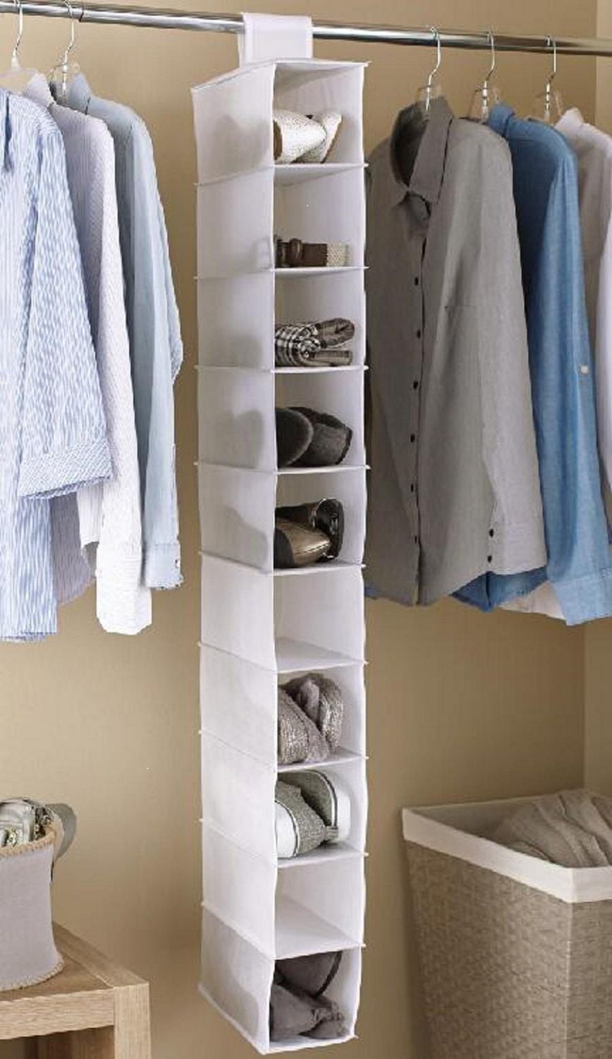 Mainstays 10 Compartment Closet Organizer, 10-Shelf Shoes and Other Accessories Hanging Organizer, White for Adult, Product size : 5.5 in. W x 11.5 in. D x 52 in. H