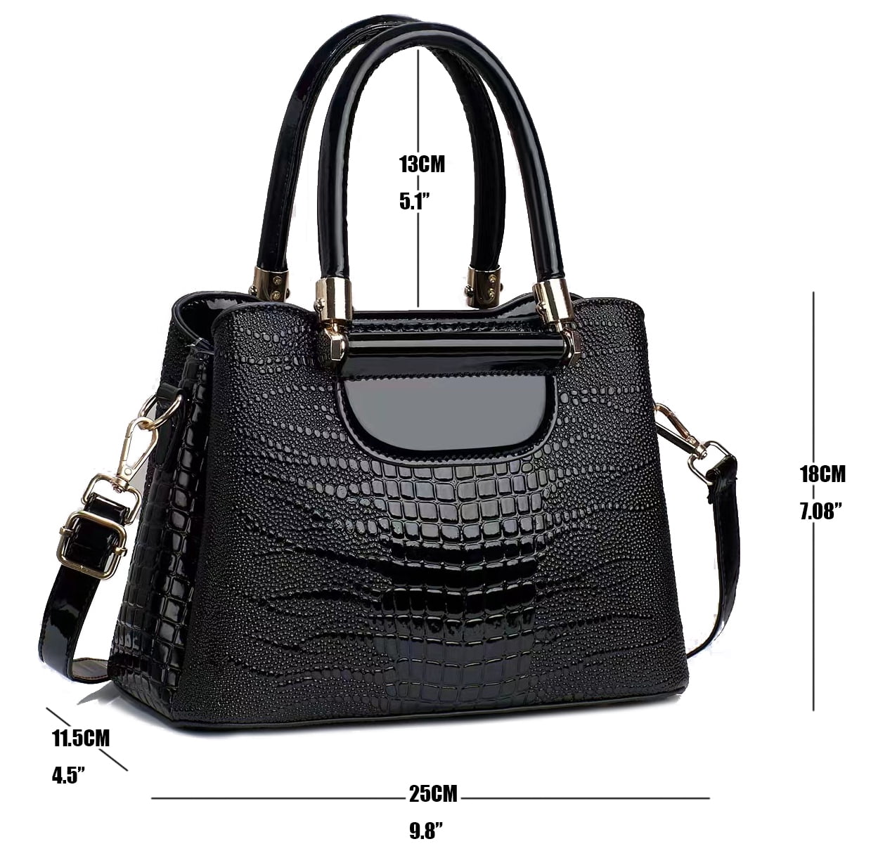 PORT&LOTUS Medium Size Glossy PU Leather Top Handle Crossbody Tote Purses for Women Simple Large Capacity Black Crocodile Pattern Shoulder Handbags for Women with Compartments For Mom