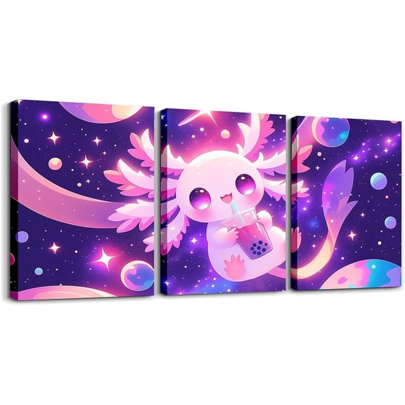 Hieng Boys Girls Cute Axolotl Canvas Wall Art for Living Room Bedroom Cartoon Salamander Picture Wall Decor Cherry Blossoms Wall Painting Posters Kids Kawaii Bathroom Wall Art Unframed
