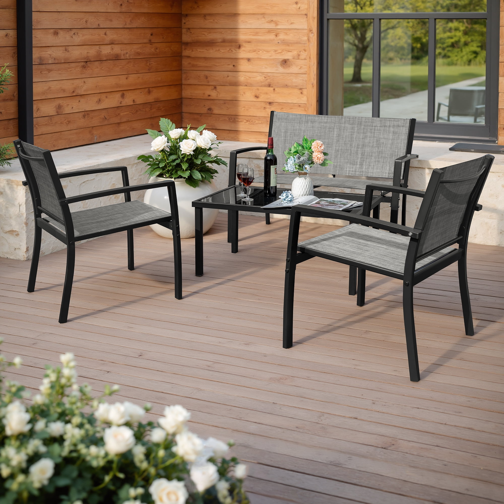 LACOO 4 Pieces Outdoor Furniture Set Patio Textilene Steel Conversation Set with Loveseat Tea Table for Lawn and Balcony, Gray