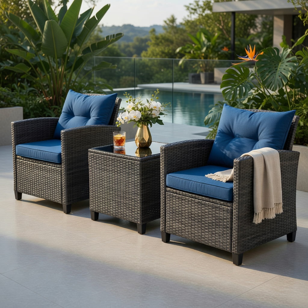 Hommoo 3-Piece Outdoor Wicker Conversation Set, PE Rattan Sofa Set with Tempered Glass Coffee Table, Weather-Resistant Patio Furniture for Backyard, Poolside & Garden, Navy