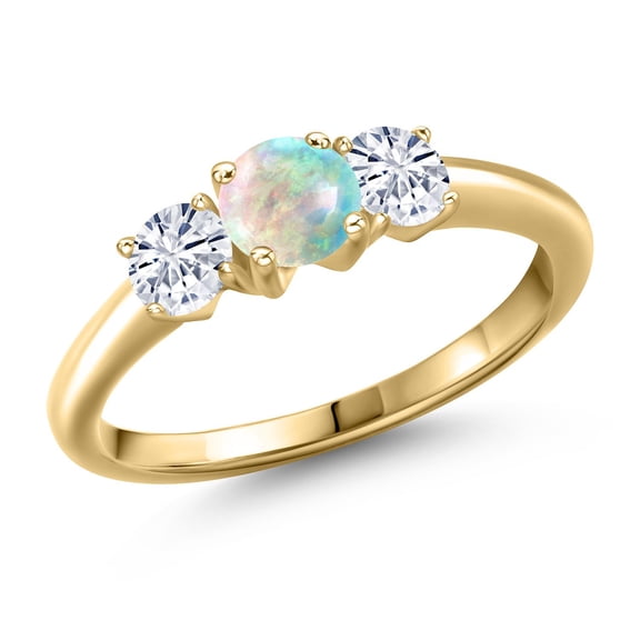 Gem Stone King 10K Yellow Gold Simulated White Opal and White Moissanite Engagement Ring for Women | 0.96 Cttw | Round Cabochon 5MM | Gemstone October Birthstone | Size 7