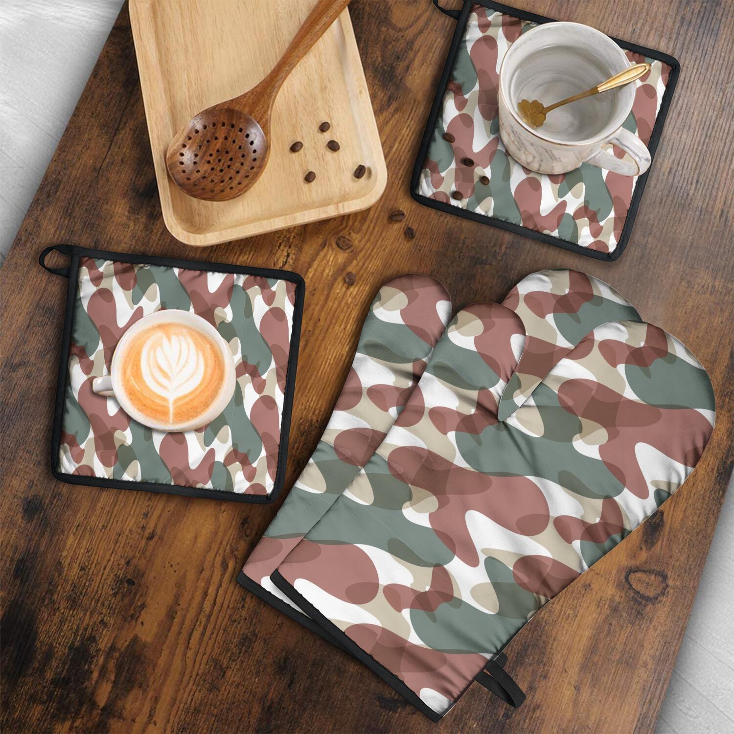 Camouflage Oven Mitts and Pot Holders Set Of 4, Heat Resistant Kitchen Gloves with Non-Slip Grip, Hanging Loop, Soft Cotton Lining for Baking, Cooking, Grilling, Barbecue