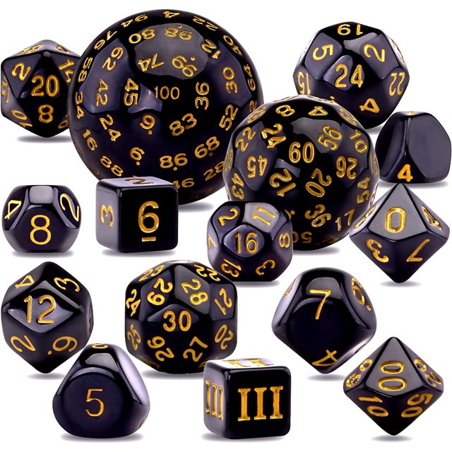 GFDYREE 15 Pcs Ensemble Complet de dés Polyédriques D3-D100 dés de Jeu avec Sac de Rangement en Cuir pour Jeux de Rôle (Noir & Jaune)