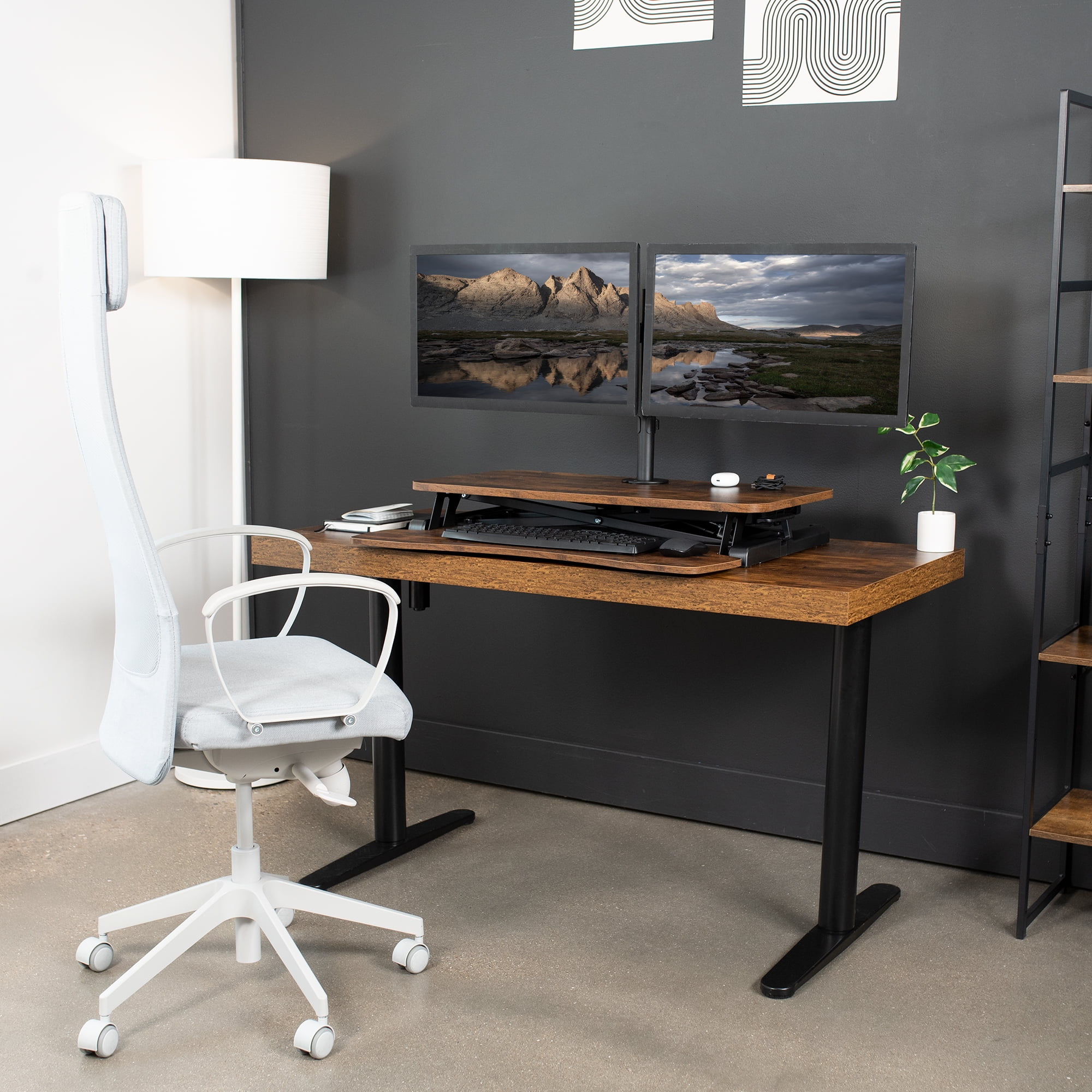 VIVO Vintage Brown/Black 32" Standing Desk Riser with Dual 13"-30" Monitor Mount